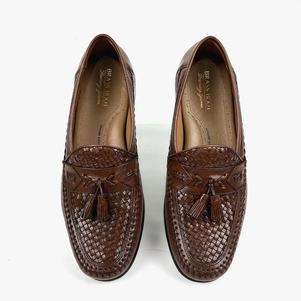 Brass Boot Woven Leather Tassel Loafer Dress Shoe Men US 10 M Sheepskin Lining
